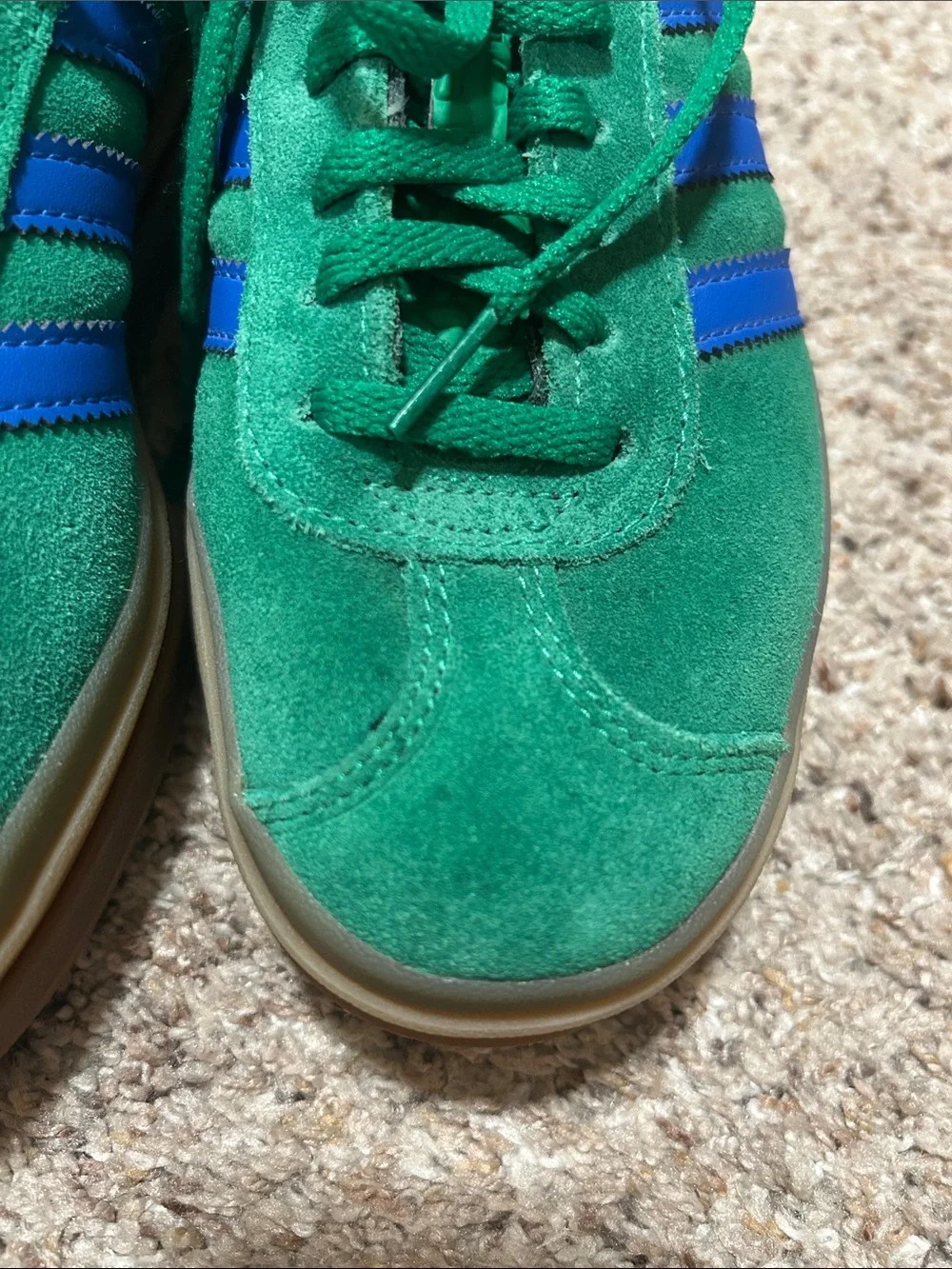 adidas Green Suede Sneakers with Blue Stripes and Gum Platform